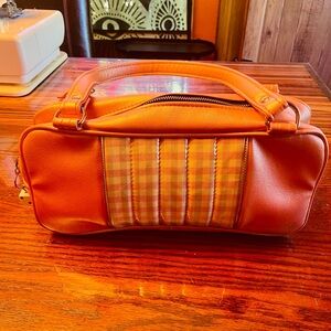 Orange Leather-Style Women's Handbag with Plaid Accent